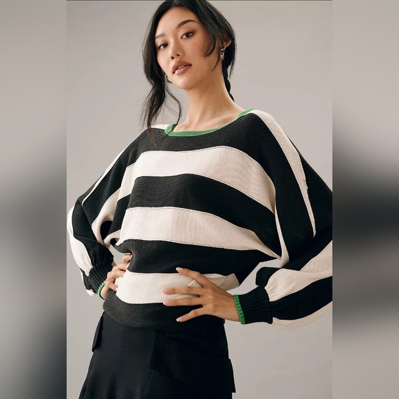 Maeve Sweaters - Maeve Anthropologie Black White Stripe Green Trim Boat Neck Sweater Size Large